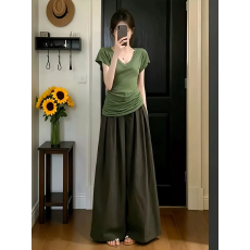 批发慵懒风复古V领短袖休闲运动套<b class='q'>装</b>女夏韩系高级感阔腿<b class='q'>裤</b><b class='q'>宽松</b>两件套