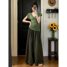 批发韩系简约风绿色短袖t恤阔腿<b class='q'>裤</b>子两件套女夏2026新款复古运动套<b class='q'>装</b>