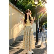 批发巨好看韩系穿搭一整套女法式碎花<b class='q'>连衣裙</b>子女夏季短袖T恤漂亮长裙