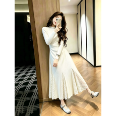 批发蕾丝边半高领长袖针织<b class='q'>连衣裙</b>女2026冬季新款法式修身内搭打底长裙