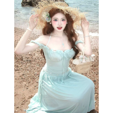 批发法式度假明媚纯欲网纱连衣裙女<b class='q'>夏</b>季海边性感一字肩绝美鱼尾长裙子