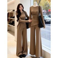 批发【人棉随心裁】秋冬慵懒套装女设计感褶皱收腰长袖打底衫<b class='q'>高腰</b>长裤