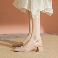 批发裸色凉鞋女漆皮粗跟包头2025夏季新款高跟鞋小方头白色单鞋