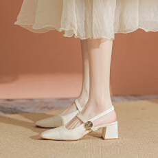 批发法式包头凉鞋粗跟女方头低跟5cm单鞋后空银色玛丽珍高跟鞋