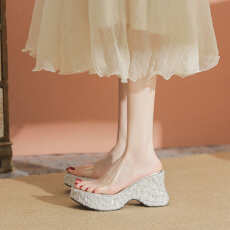 批发绝美闪闪坡跟凉鞋夏季透明高跟鞋防水台增高厚底凉拖鞋外穿