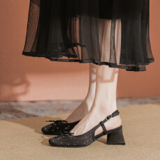 批发满天星包头凉鞋女夏季新款钻小香风蝴蝶结后绊带粗跟高跟鞋