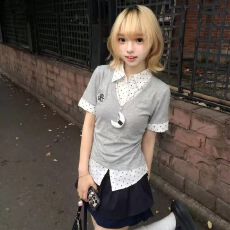 批发原版做法刺绣波点衬衫假两件短袖T恤女夏韩系半袖上衣 本价不含税