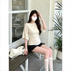 批发韩式设计感褶皱短袖T恤女夏季新款2026白色修身显瘦气质圆领上衣