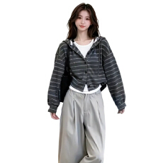 灰色条纹连帽外套女秋季2026新款今年流行爆款韩系巨好看漂亮上衣