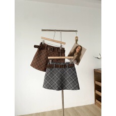 批发小众复古ins高腰配腰带撞色格纹A字半身裙女<b class='q'>秋</b>冬季时尚包臀短裙