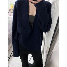 批发藏青色深V领毛衣女<b class='q'>春</b>秋冬季慵懒风胖MM大码300斤休闲针织上衣韩版