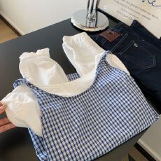 批发大码300斤小众穿搭蓝色格子马甲女<b class='q'>春</b>秋季设计感胖MM减龄背心小衫2