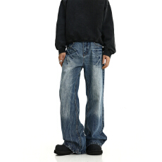 批发美式高街vibe闪电爆裂纹蓝色牛仔裤男潮直筒微喇cleanfit显瘦裤子