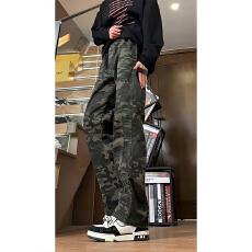 批发绿色微喇迷彩工装裤男款直筒cleanfit解构裤子高腰窄版伐木牛仔裤