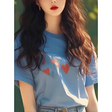 批发蓝色爱心印花正肩短袖t恤女收腰遮肚子别致甜辣上衣2025新款夏季