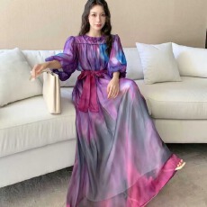 批发法式浪漫风泡泡袖扎染<b class='q'>连衣裙</b>女夏韩版绑带收腰A字垂感长裙高级感