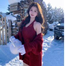 批发原版做法+针织质量+新圣诞节挂脖圣诞节新年氛围针织<b class='q'>连衣裙</b>二件套