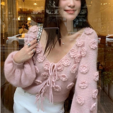 批发原版做法+针织质量+显白针织衫女新款高级感重工<b class='q'>立体</b><b class='q'>花朵</b>绑带毛衣