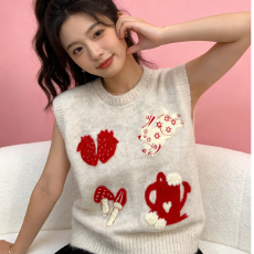 批发原版做法+针织质量+提花刺绣针织马甲女秋冬叠穿背心圆领软糯上衣