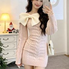 批发原版做法+针织质量+针织<b class='q'>连衣裙</b>女秋冬新长袖收腰显瘦包臀裙蝴蝶结
