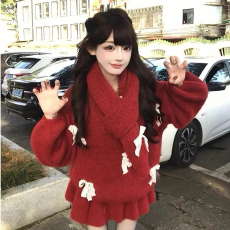 批发原版做法+针织质量+韩系氛围感蝴蝶结设计<b class='q'>毛衣</b>围巾半身裙<b class='q'>毛衣</b>套装