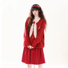 批发原版做法+针织质量+新甜美点气质复古红色波点领巾毛衣设计感外套