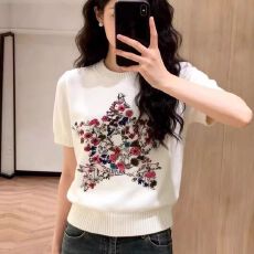 批发原版做法+针织质量+韩版五角星<b class='q'>花朵</b>刺绣短袖针织衫女百搭显瘦上衣