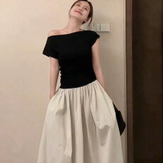 批发现货 夏季新款法式赫本风拼接一字肩百搭显瘦气质连衣裙