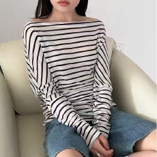 批发夏季新款条纹一字肩薄款防晒显瘦长袖T恤露肩上衣