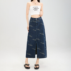 批发提花牛仔包臀半身裙青花蓝女夏个性设计感牛仔A字开叉国风半裙