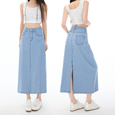 批发提花牛仔包臀半身裙女中长裙<b class='q'>清新</b>浅蓝春夏高腰A版垂顺