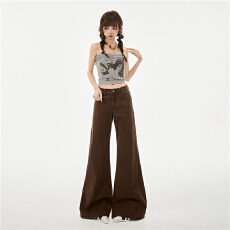 批发春季新款棕咖色休闲柔软微喇不贴腿牛仔裤女美式宽松显瘦喇叭裤