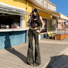 批发春夏薄款美式复古豹纹辣妹风低腰弹力微<b class='q'>喇叭</b><b class='q'>裤</b>修身显高显瘦不贴腿