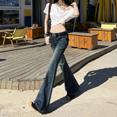 批发千禧风美式复古做旧泼墨低腰辣妹修身显瘦<b class='q'>牛仔裤</b>女微喇叭裤