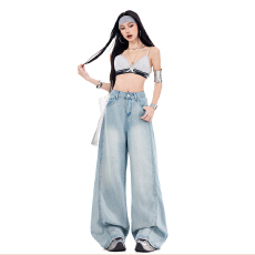 批发早春新款阔腿裤高挑<b class='q'>显瘦</b>显腿长拼接宽松遮肉舒适百搭休闲牛仔<b class='q'>女</b>裤