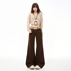 批发驼色休闲柔软<b class='q'>微喇</b>不贴腿<b class='q'>牛仔裤</b>女美式复古低腰窄版显瘦喇叭长裤