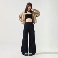 批发潮酷纯棉工装休闲<b class='q'>微喇</b><b class='q'>牛仔裤</b>女宽松贴袋时尚解构拼接不贴腿喇叭裤