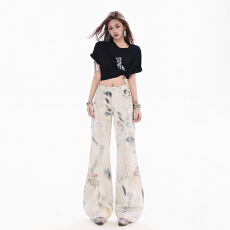 批发时尚个性数码印花宽松<b class='q'>微喇</b>牛仔纯棉舒适透气春夏新款宽松喇叭裤