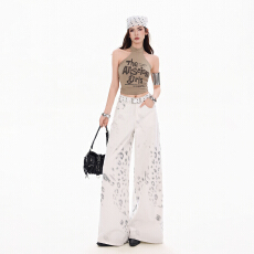 批发时尚个性数码印花宽松阔腿牛仔纯棉舒适透气春夏新款拖地休闲裤女