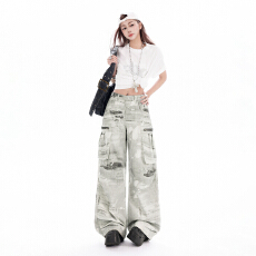 批发美式高街涂鸦做旧泼墨工装裤纯棉宽松阔腿裤拖地裤女