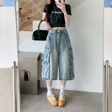 批发实拍实价~美式复古水洗做旧宽松牛仔<b class='q'>短裤</b>女<b class='q'>新款</b>多口袋显瘦七分裤