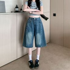 批发实拍实价~阔腿牛仔<b class='q'>短裤</b>女夏季<b class='q'>新款</b>美式复古宽松显瘦直筒五分中裤