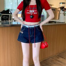 批发实拍实价~美式撞色腰头牛仔裤子女2025夏辣妹设计感拼接低腰热裤