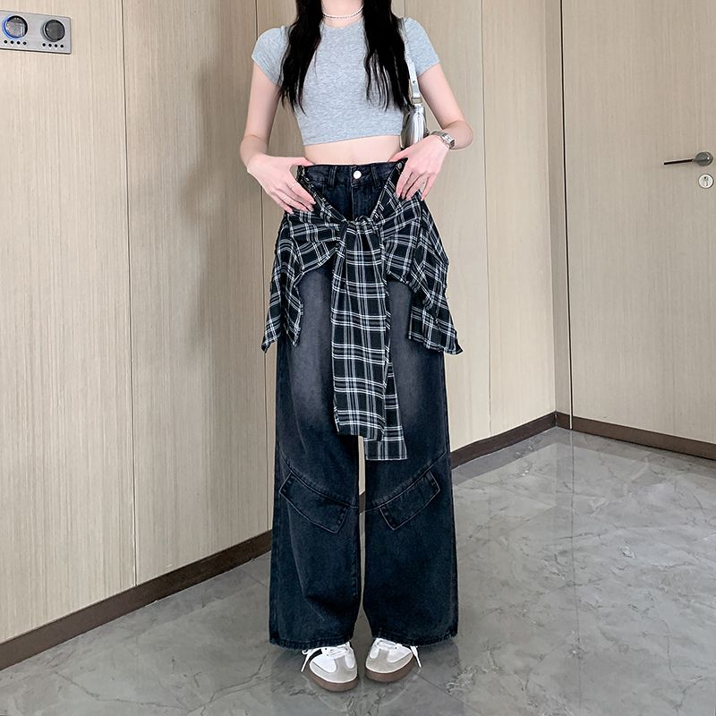 FA35169# 可拆卸屁帘拼接格纹假两件牛仔裤女设计感宽松阔腿裤子 服裝批發女裝批發服飾貨源