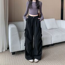 批发实拍实价~新款字母多口袋<b class='q'>黑色</b>工装裤<b class='q'>女</b>直筒阔腿宽松美式复古裤子