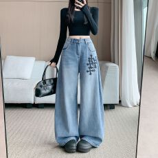 批发实拍实价~美式复古印花牛仔裤女<b class='q'>秋</b>季2025新款高腰宽松阔腿牛仔裤
