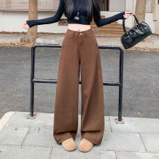 批发实拍实价~咖色阔腿休闲牛仔<b class='q'>裤</b>女秋季新款高腰<b class='q'>显瘦</b>镰刀香蕉牛仔<b class='q'>裤</b>