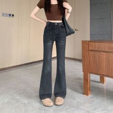 批发实拍实价~黑灰色低腰微喇<b class='q'>牛仔</b>裤女夏季新款宽松显瘦不贴腿马蹄裤