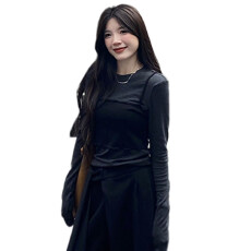 批发灰色圆领假两件长袖t恤女2026春季新款修身百搭独特巨好看上衣潮