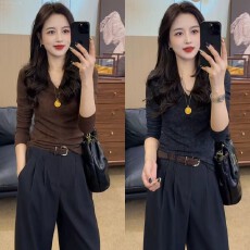 批发晕染V领气质轻奢时尚百搭修身弹力长袖T恤女2026春季新款打底衫潮